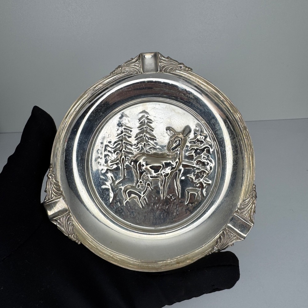 Vintage Solid 830 Silver Ashtray – 57.6g Scandinavian Deer Forest Design