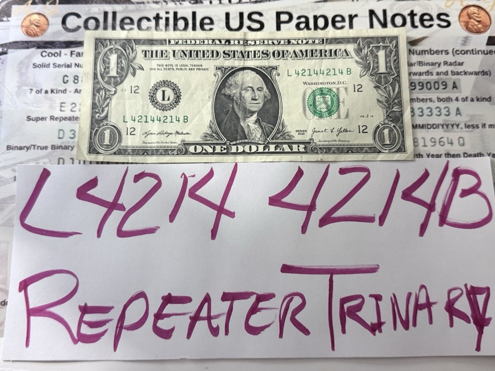 ✨Repeater ✨Trinary Note - $1  One Dollar Fancy Serial Number ✨L42144214B✨