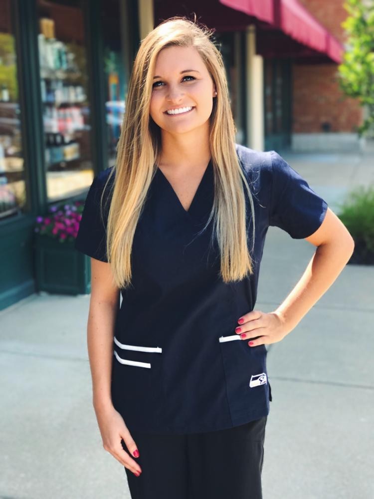 Seat;e Seahawks Women's Mock Wrap Scrub Top with Front Patch Pockets