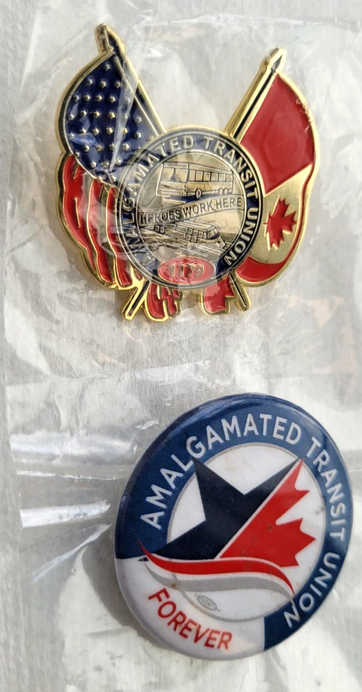 Amalgamated Transit Union 1179 Pin & Button US Canada Flag ~ Heroes Work Here