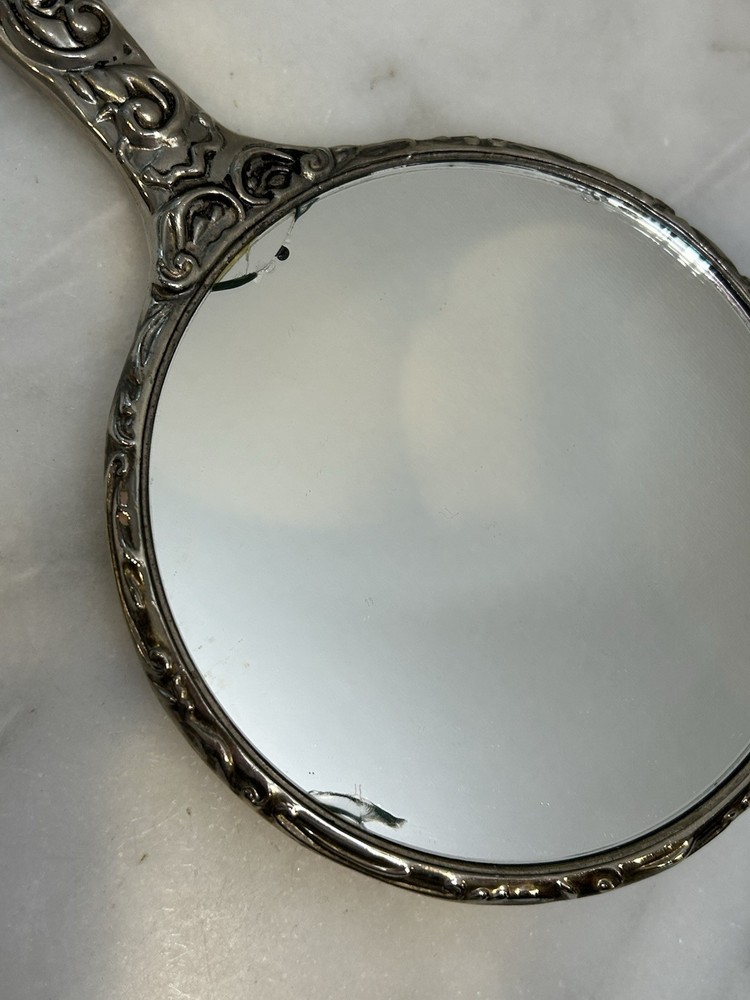 Antique Art Nouveau Handheld Repousse Silver Plated Mirror