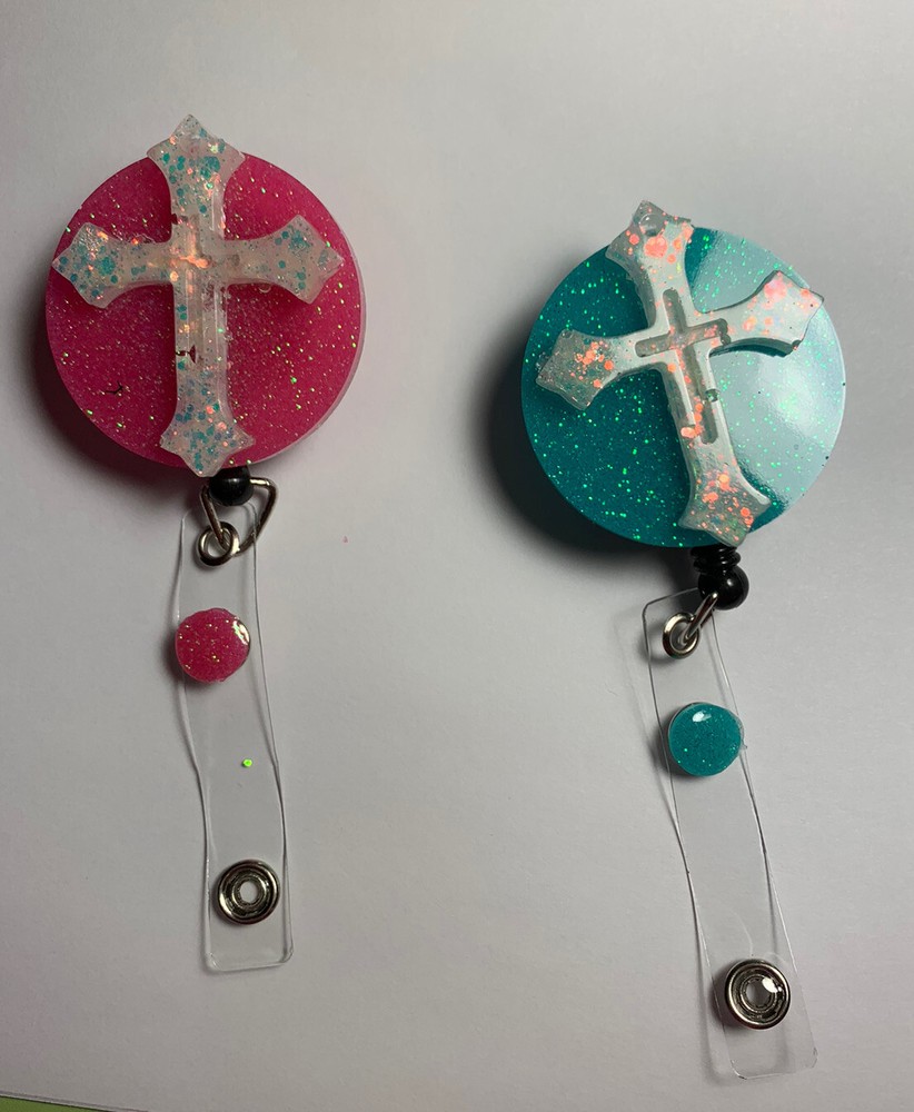 retractable badge holder ID Tag Religious Cross. Pink Or Blue