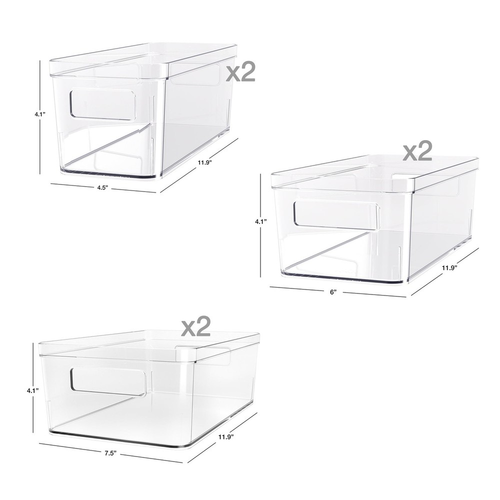 6-Piece Clear Plastic Fridge Storage Organizer Bin Set Refrigerator Organizer
