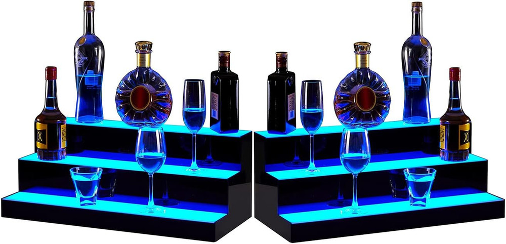 2 Pack LED Liquor Display Shelf, 3-Step Lighted Acrylic Bottle Shelf for Home/Co