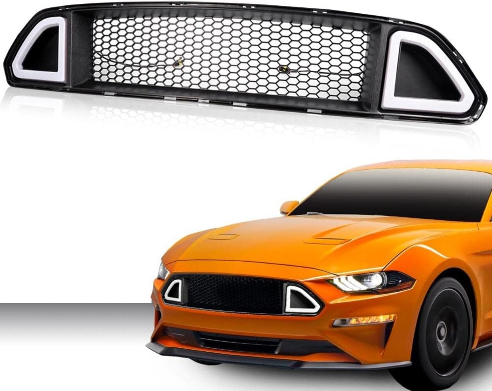 Front Upper Mesh Grille W/ DRL LED Light Fit For 2015 2016 2017 Ford Mustang
