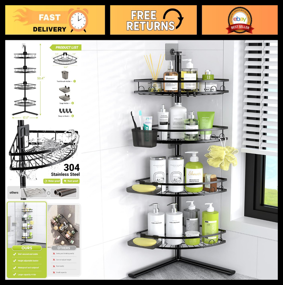 4-Tier Rustproof Corner Shower Caddy - Standing Organizer Shelf Rack for Bathroo