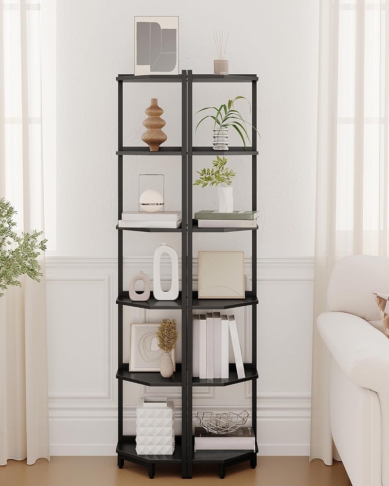 Corner Shelf Stand, Bookshelf, Storage Standing 6 Tier, Black