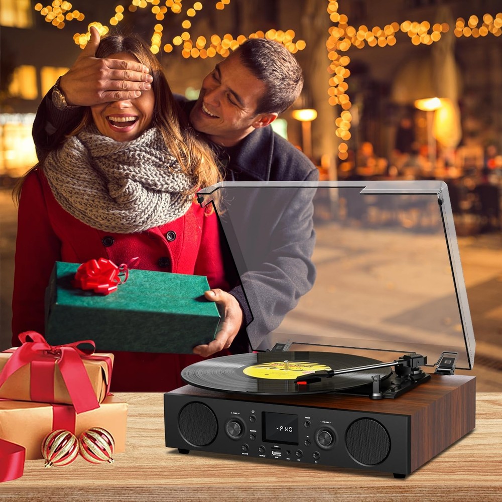 Vinyl Record Player with Built-in Speaker,Bluetooth Turntable with USB Record...