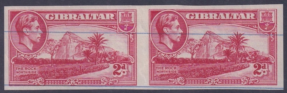 GIBRALTAR KGVI 2d RED IMPERFORATED PAIR PROOFS
