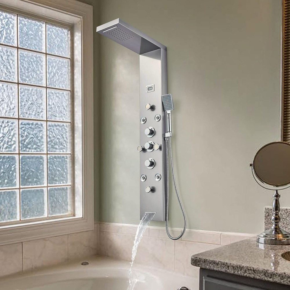 LED Rainfall Waterfall Shower Panel Tower System, 4 Body Jets and 4 Mist Spray,