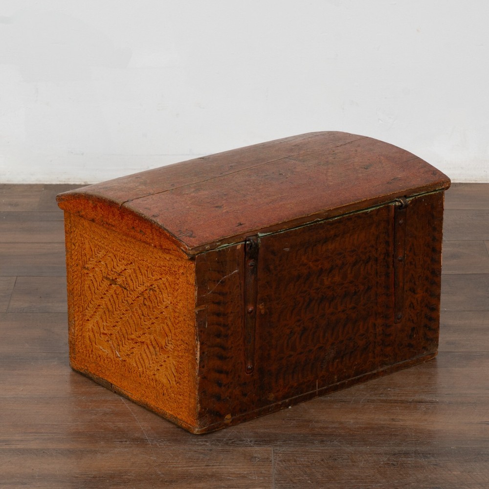 Small Original Painted Swedish Pine Dome Top Trunk dated 1877