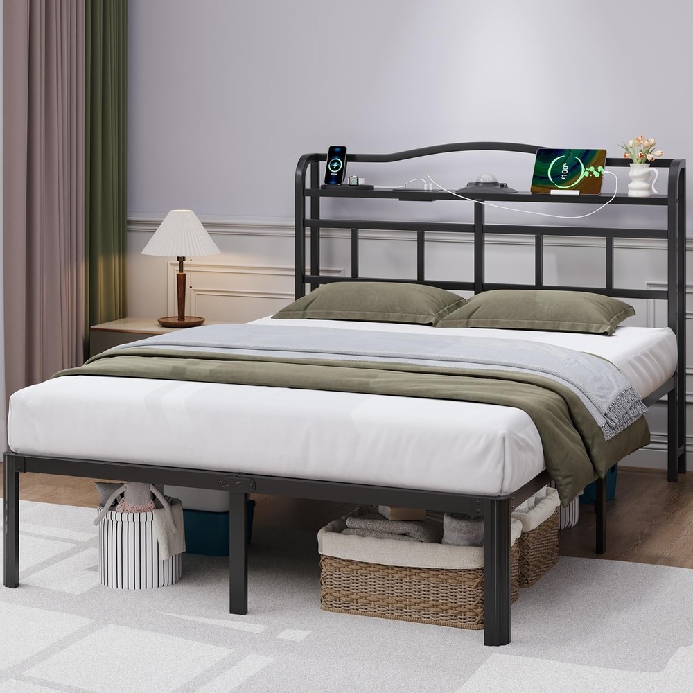 Full Bed Frame - Storage Headboard with Charging Station & Galaxy Aurora Proj...