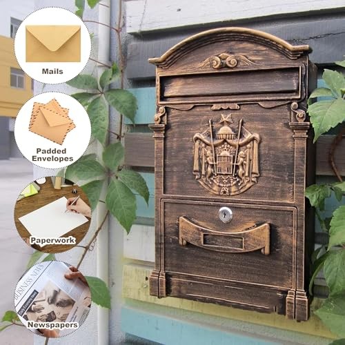 Vintage Metal Mailbox,Wall Mount Locking Mail Box Large Capacity Decorative