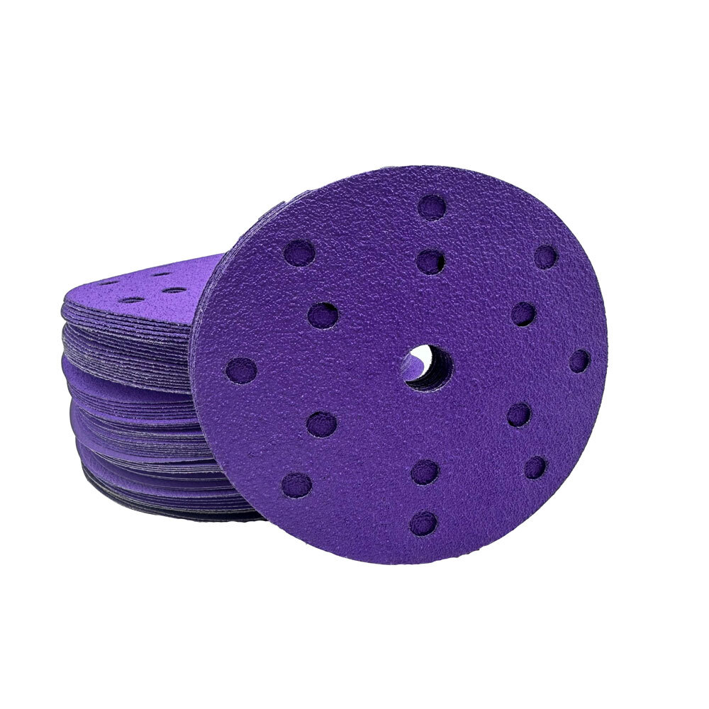 100PCS 6" Purple Ceramic Sanding Disc 800Grit-Medium Sandpaper Hook Loop 15-Hole