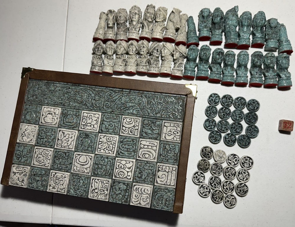 Vintage Aztec Vs Conquistadors Stone Resin Folding Chess & Backgammon Set