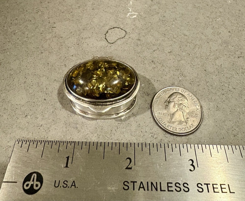 Vintage Silver Pillbox With Baltic Amber. Stamped