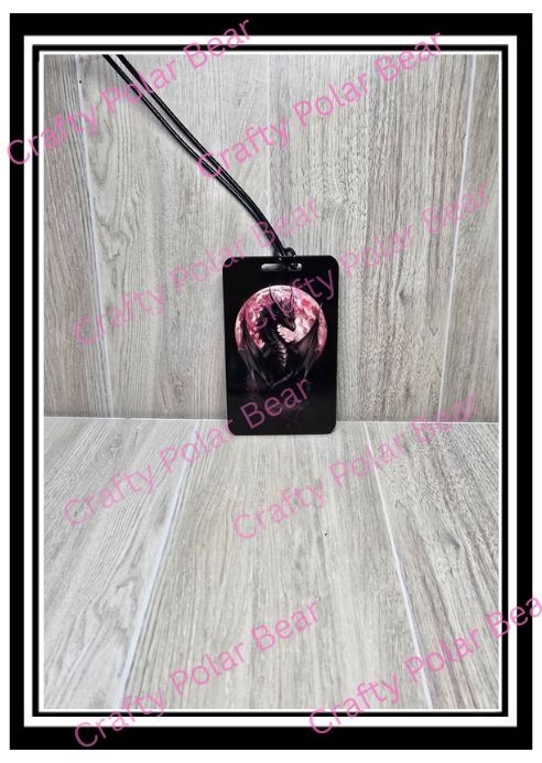 Luggage Tag Dragon With Pink Moon w/Plastic Black Strap Loop Handmade