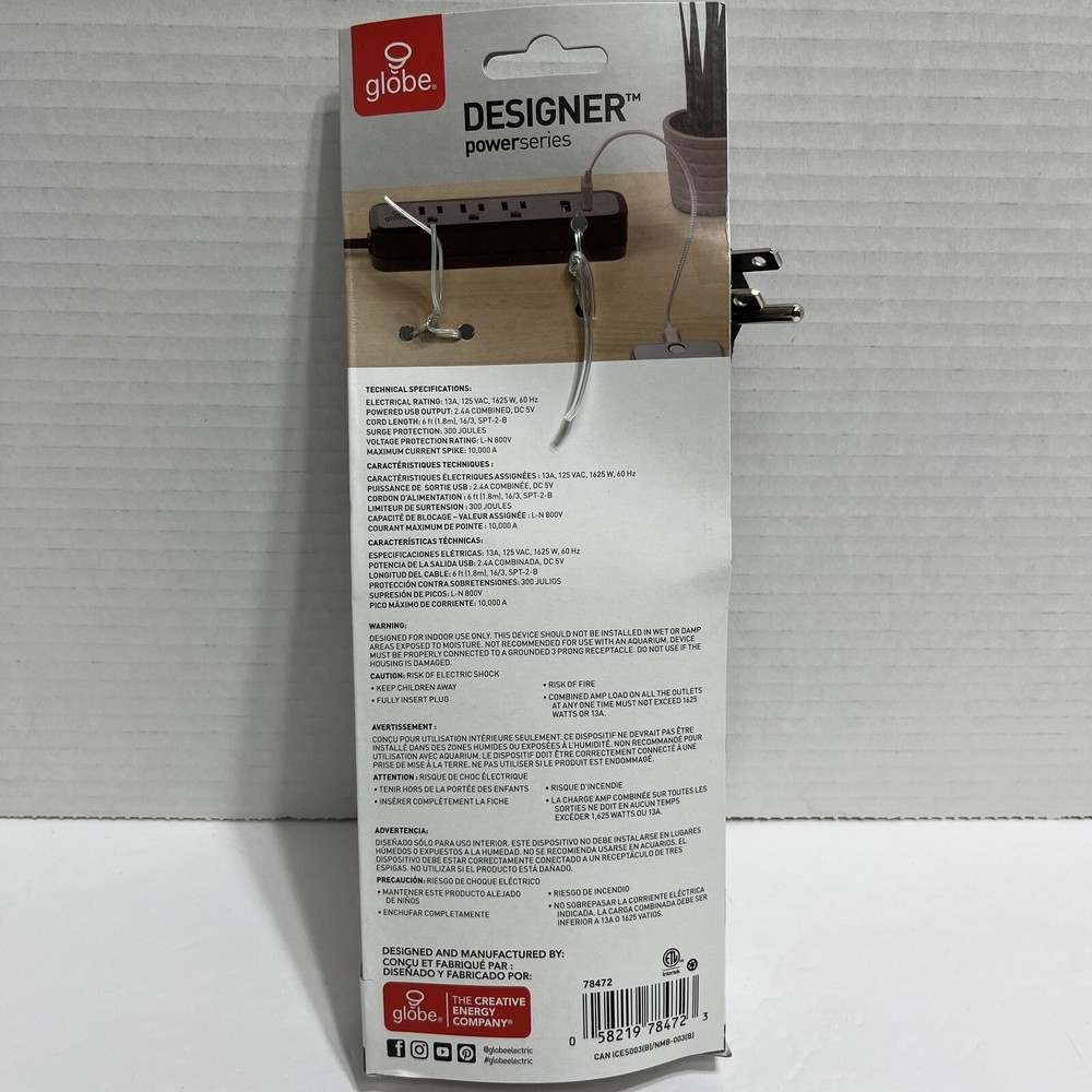 Globe Designer Power Series Space Plug . 6ft/USB Fast Charging Power Strip