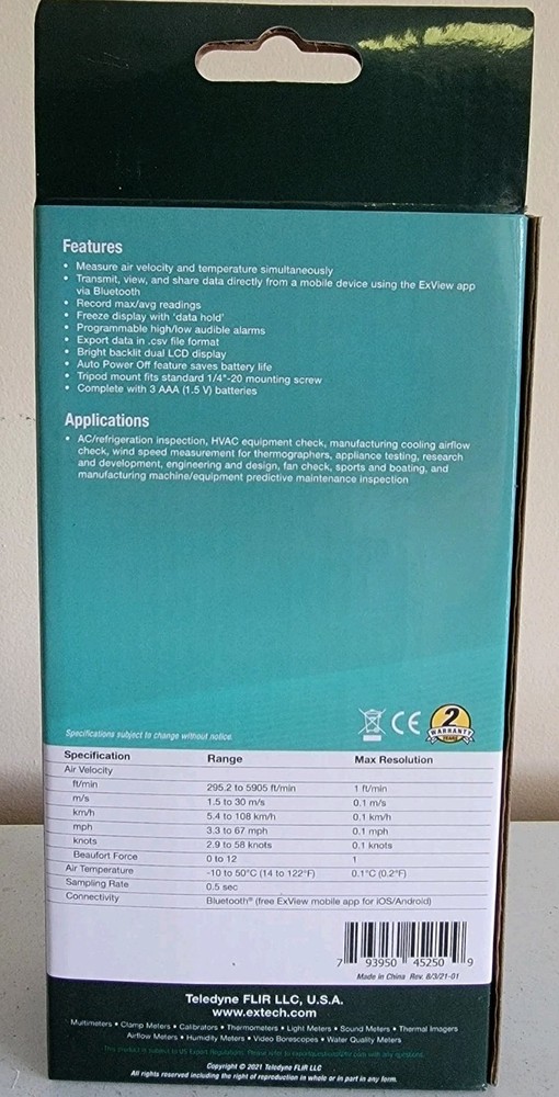 Extech AN250W: Anemometer w/Bluetooth