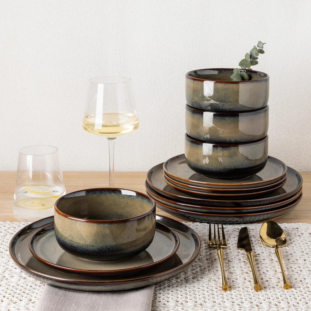 Ceramic Dinnerware Sets for 4, 12 Pieces Handmade Reactive Glaze Plates and B...