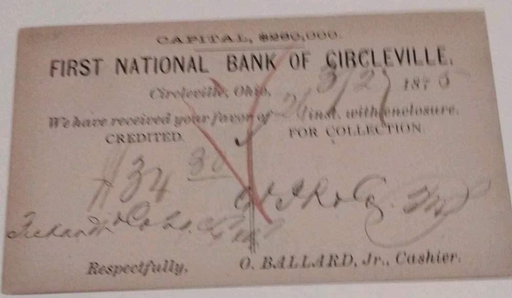OLD U.S.POSTAL CARD 1875 CIRCLEVILL OHIO POSTMARK
