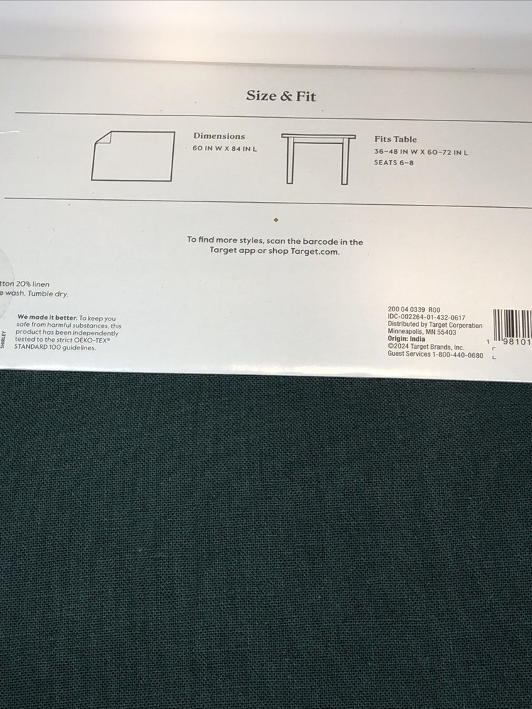 Threshold Forest Green Oblong Tablecloth 60" X 84” Rectangular ￼Cotton/Linen