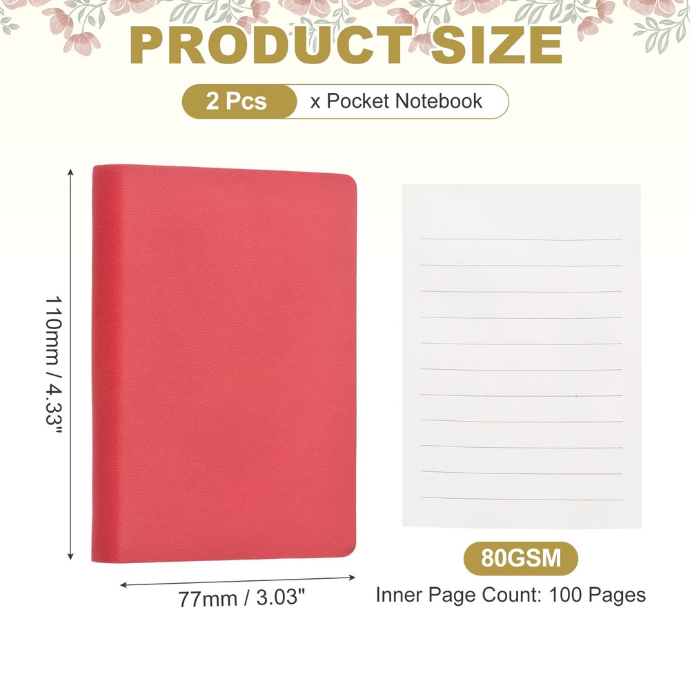 2 Pcs Leather Pocket Notebook, 4 x 3" A7 Hardcover Small Mini Notebooks, Red