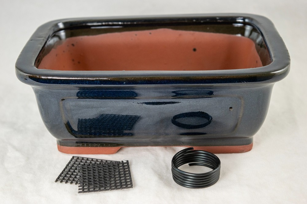 Rectangular Navy Blue Cactus & Succulent, Bonsai Pot + Mesh, Wire - 8"x 6"x 3"