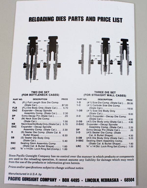 Pacific Durachrome Dies Reloading User Manual Instructions Operators Owners