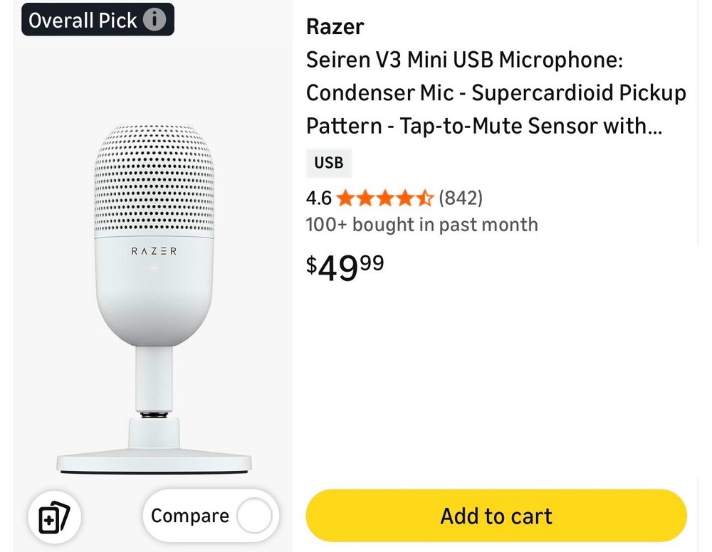 Razer Seiren V3 Mini USB Microphone White