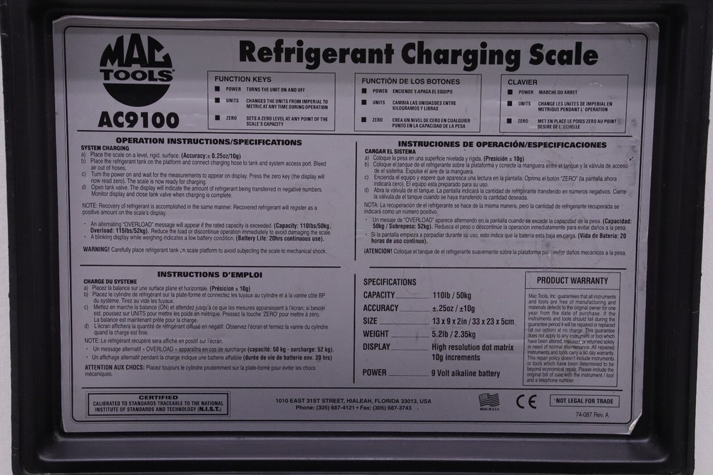 Mac Tools AC9100 Electronic Refrigerant Scale