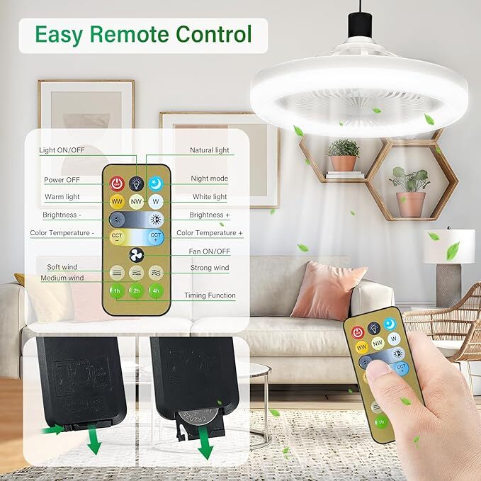 E27 Socket Light With Remote, Ceiling Fan Adjustable Smart LED Fan 3 Windshields