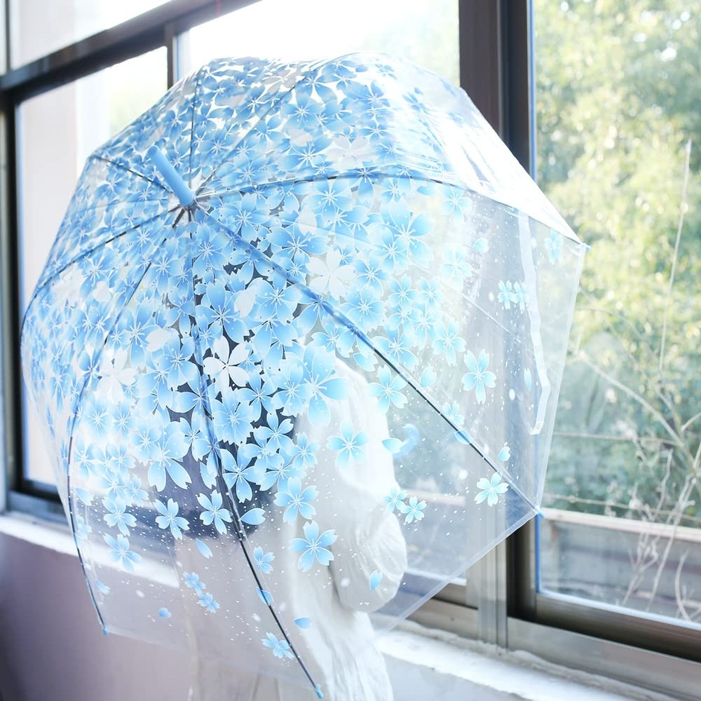 Cherry Blossoms Cute Transparent Bubble Umbrella - Clear Dome One Size, Blue