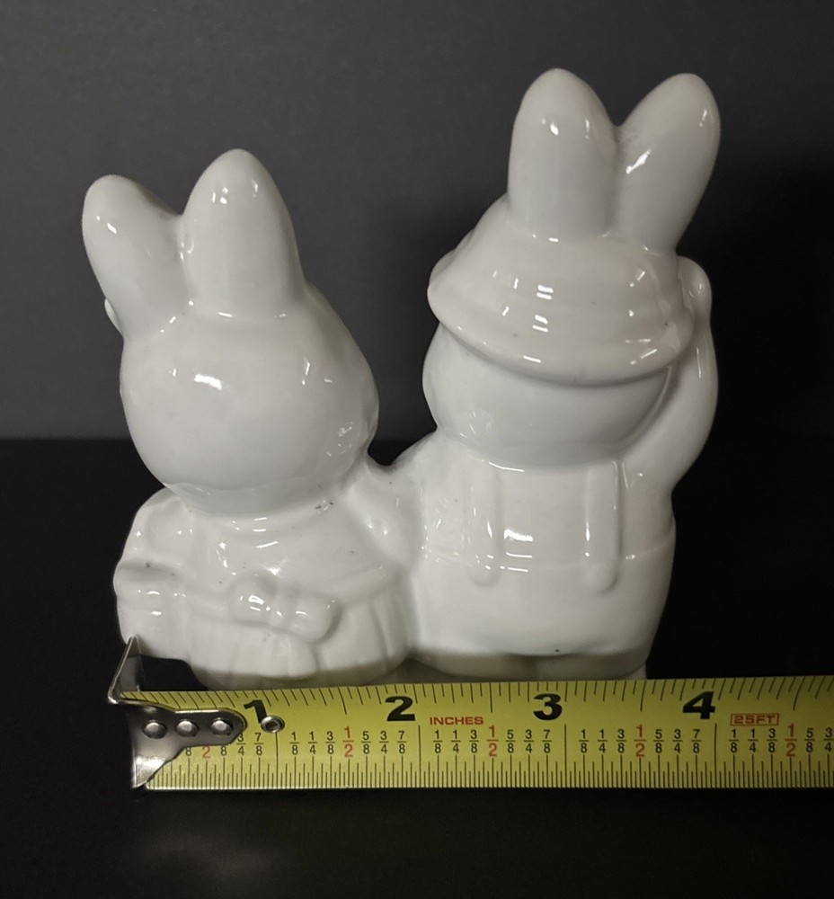 Conjoined Solid White Farmer Boy & Girl Bunny Rabbits. Easter Decor.pre-owned.