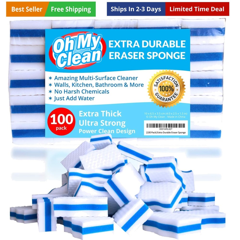 100 Pack Extra Durable Eraser Sponge – Extra Thick, Long Lasting Magic Melami...