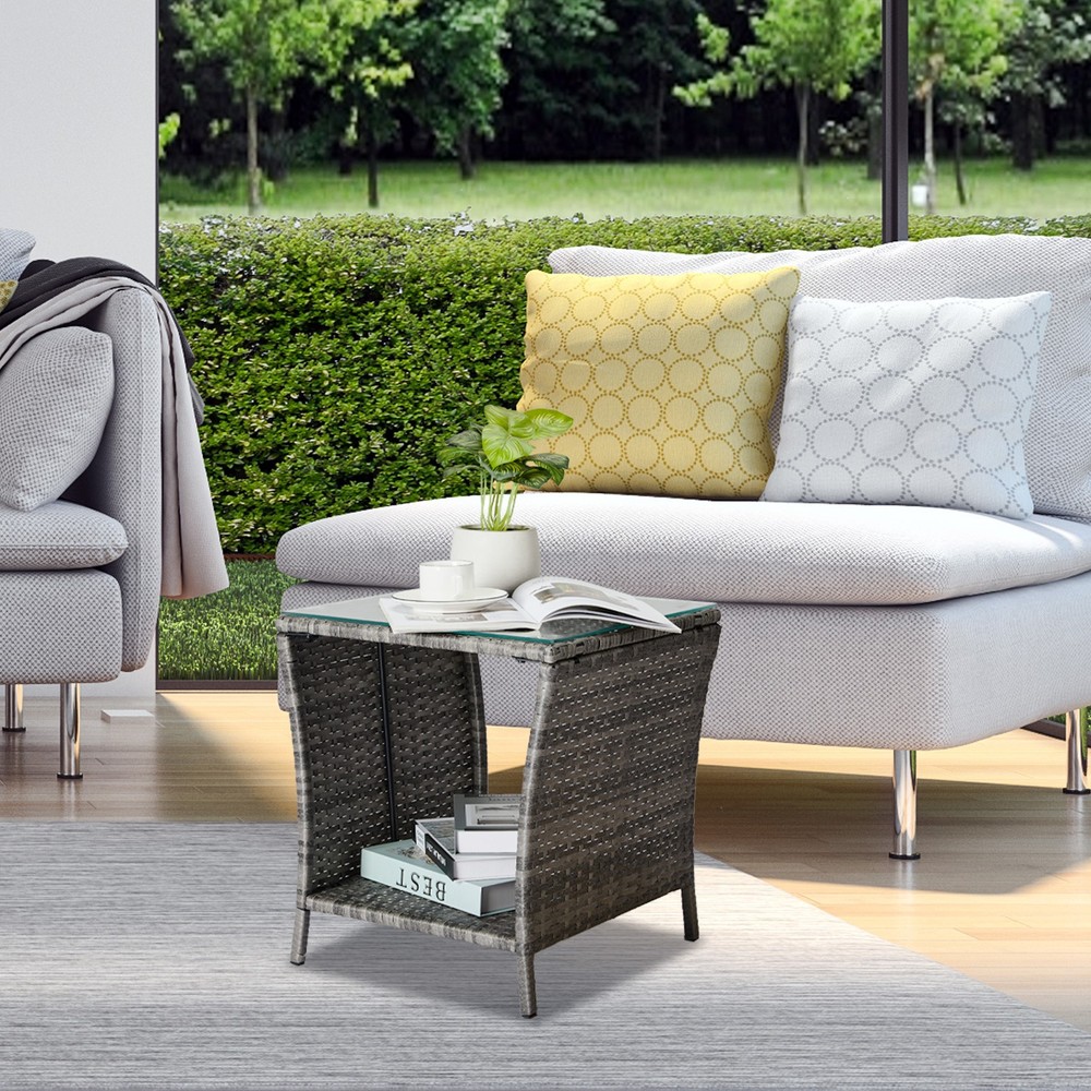 Outdoor Patio Wicker Side Table, Square End Table Bistro Coffee Table