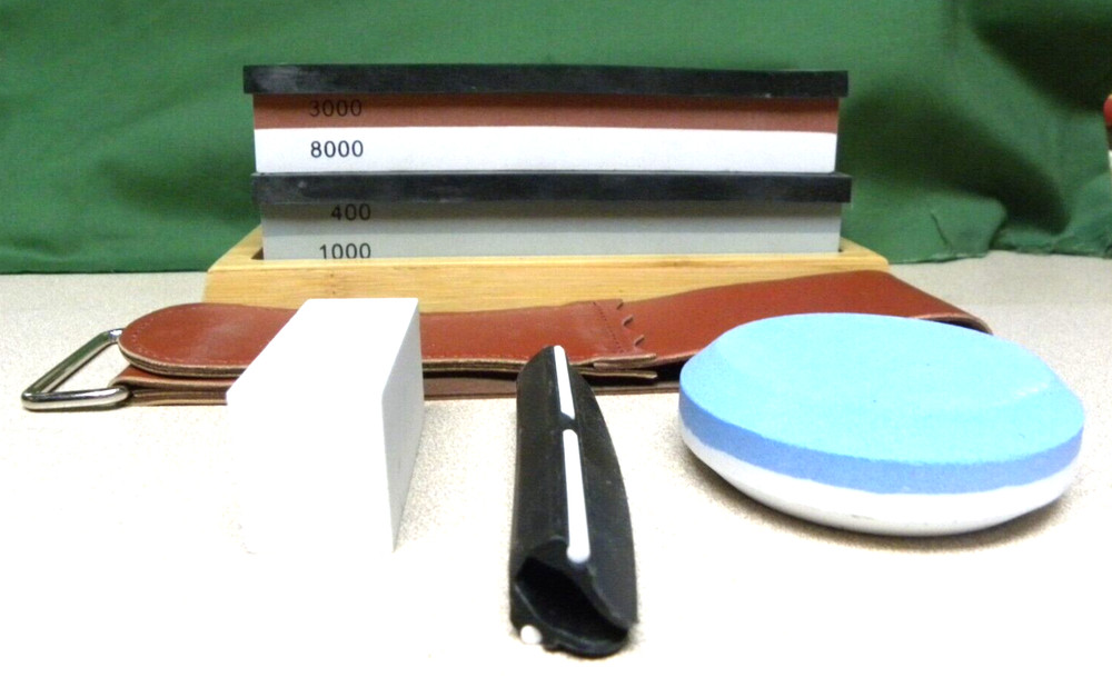 Sharpening Stone Set 400-1000, 3000-8000 Grit + Angle Guide, Strop, 2 Small Ston