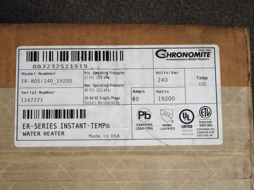 Chronomite Labs ER-80S/240 Electric Tankless Water Heater | 19.2kW 240V 80A