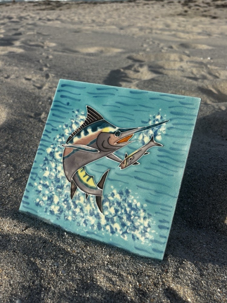 Marlin Hunting Fish Blue 8” Ceramic Tile with Backing & Stand