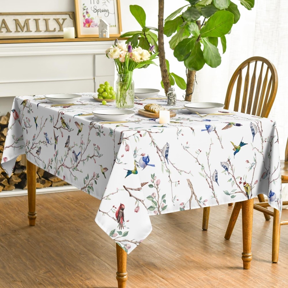 Spring Summer Tablecloth 60x84 Inch Rectangular, Birds Branch Floral Table Co...