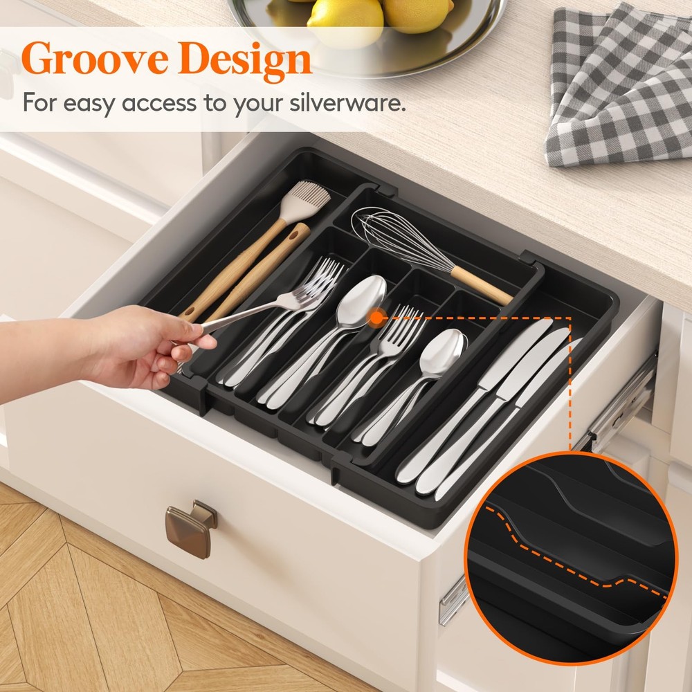 Silverware Drawer Organizer, Medium (8.5-14''W x 12''D), Black