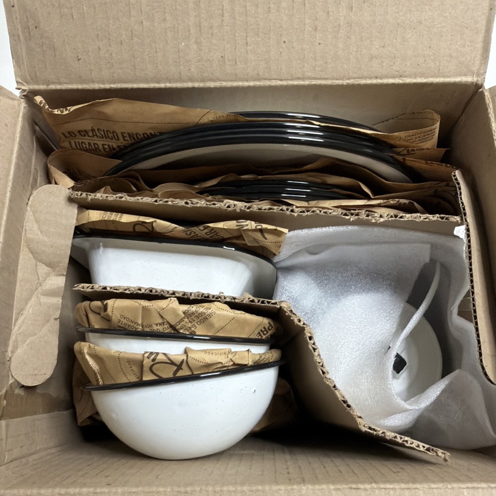 23 piece Enamel Camping Tableware Set Cookware Dinnerware 23 Piece White Specks