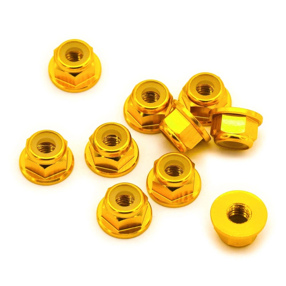 10pcs M4 Flange Locking Hex Nuts Nylon Insert Anodized Aluminum (Gold)