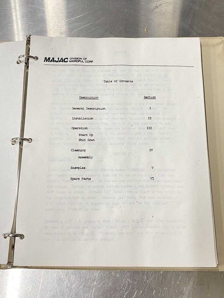 MAJAC Mini Grinder A-12 Classifier, Mill Grinding - Users Guide / Manual