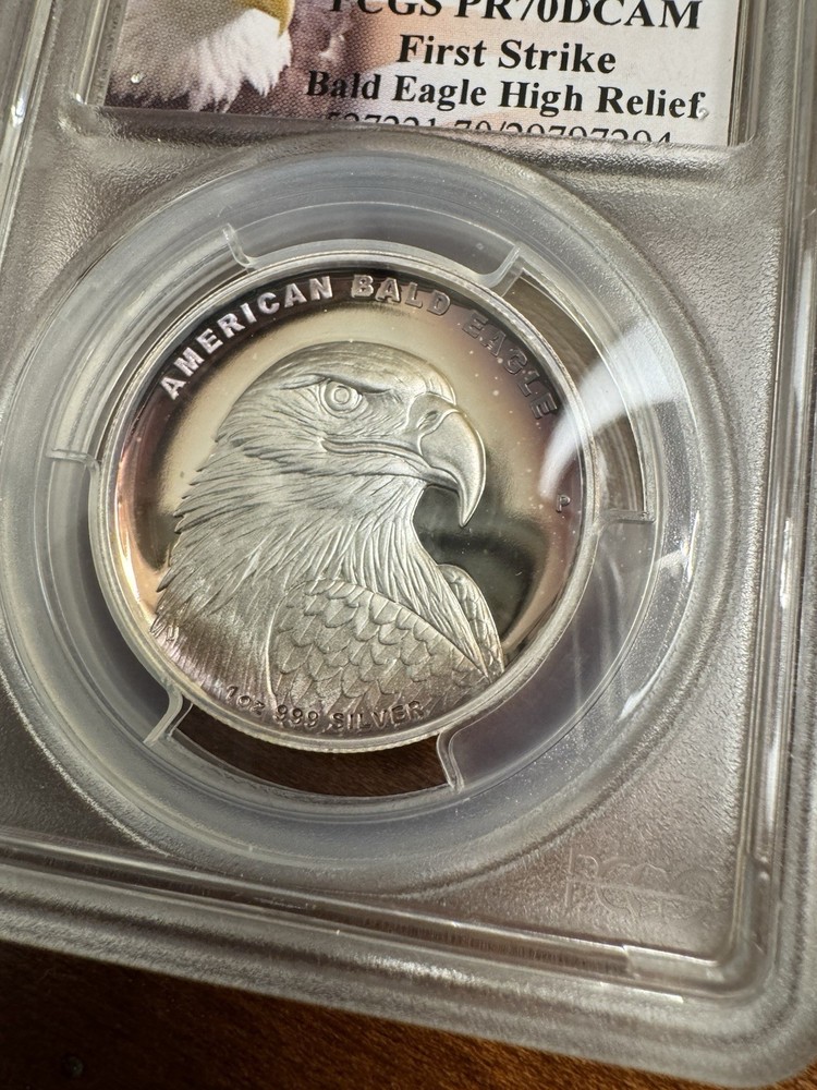 2014 P Tuvalu Bald Eagle Silver $1 High Relief PCGS PR70DCAM First Strike Toned