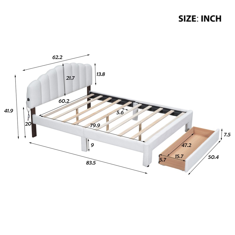 Queen Size Bed Frame Upholstered Platform Bed with Drawers White/Beige/Gray US