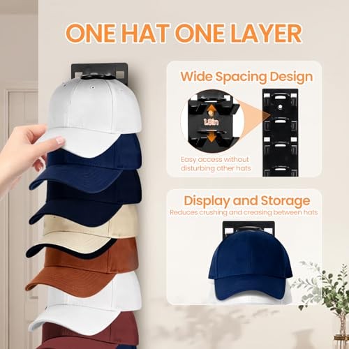 2 Pack Black Hat Organizer - Hat Rack for Wall & Cap Organizer, Strong