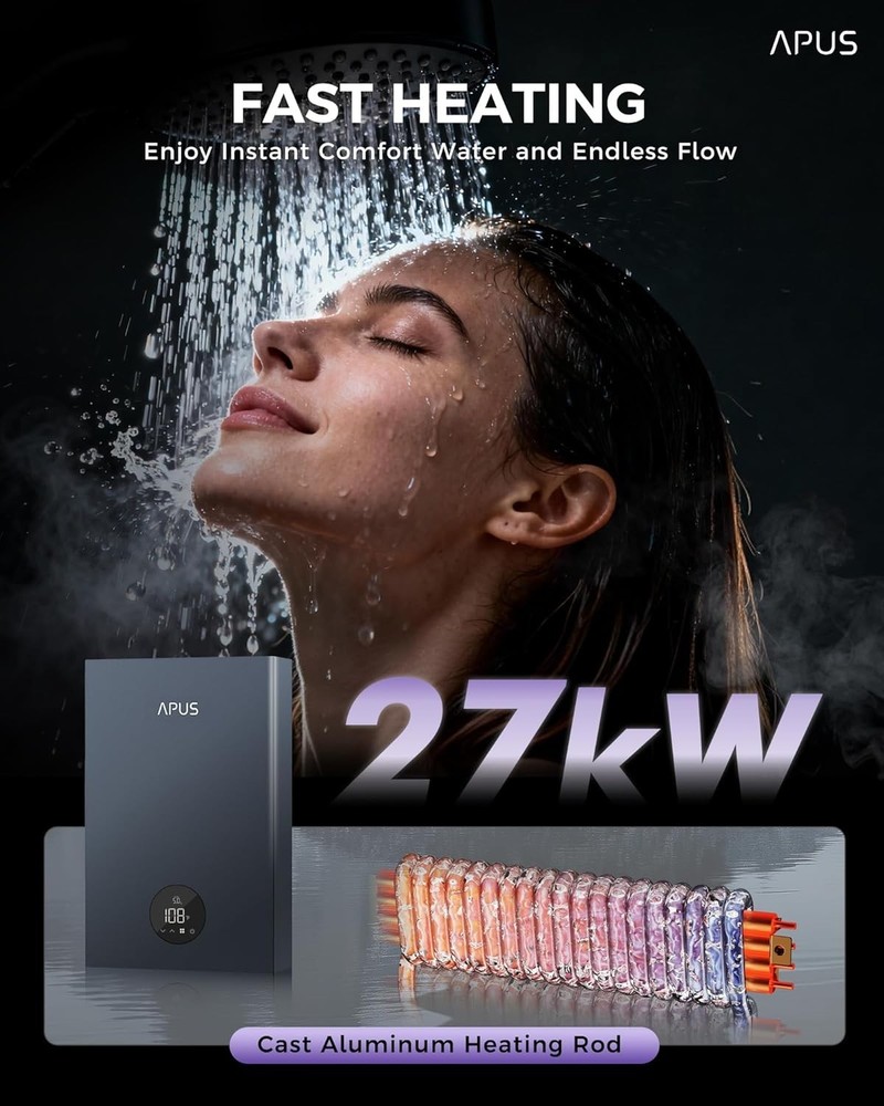 APUS 27kW Tankless Water Heater 240V 6.5GPM On Demand LED Gray