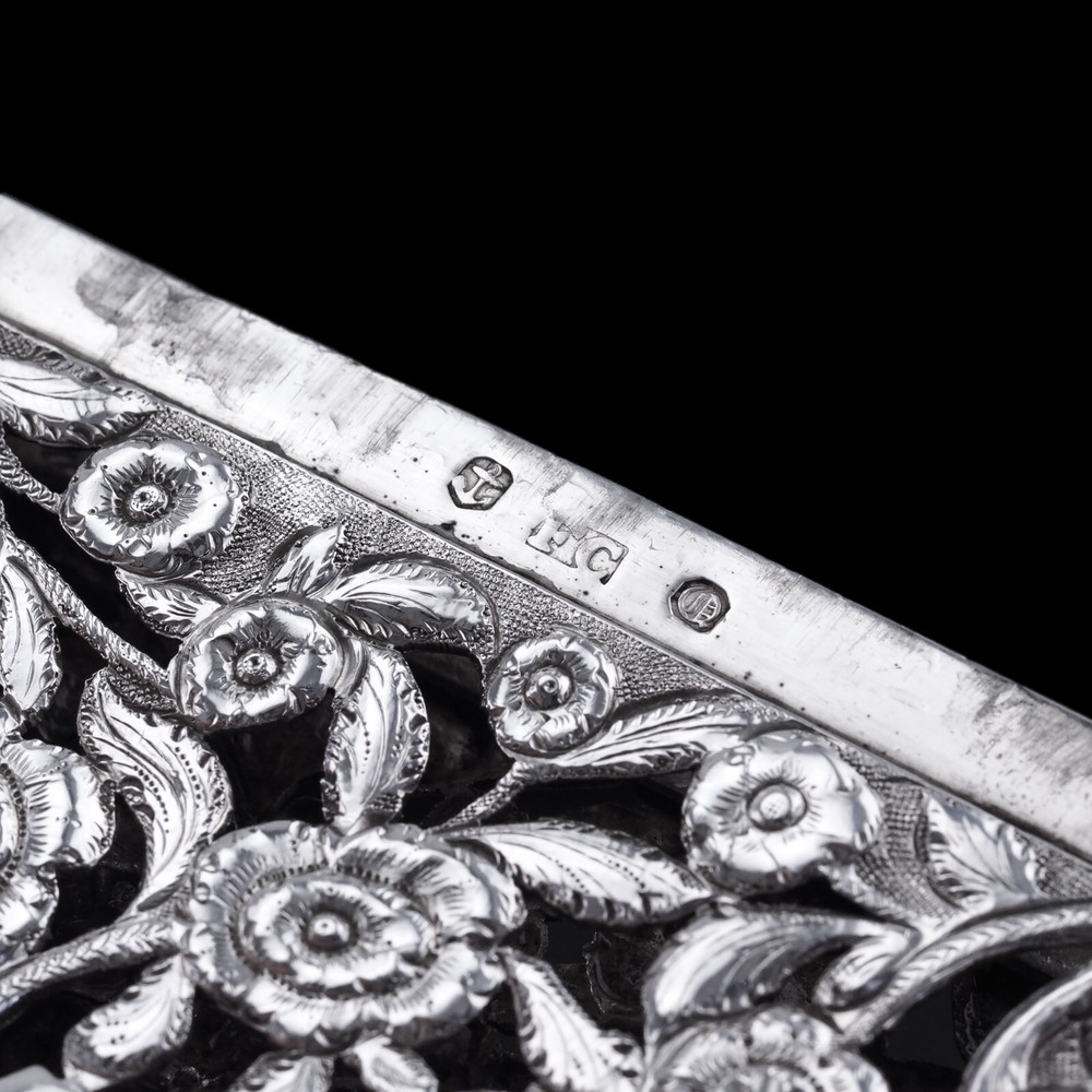 Antique Victorian Solid Silver Card Case Pierced Flowers - Francis Clark 1839