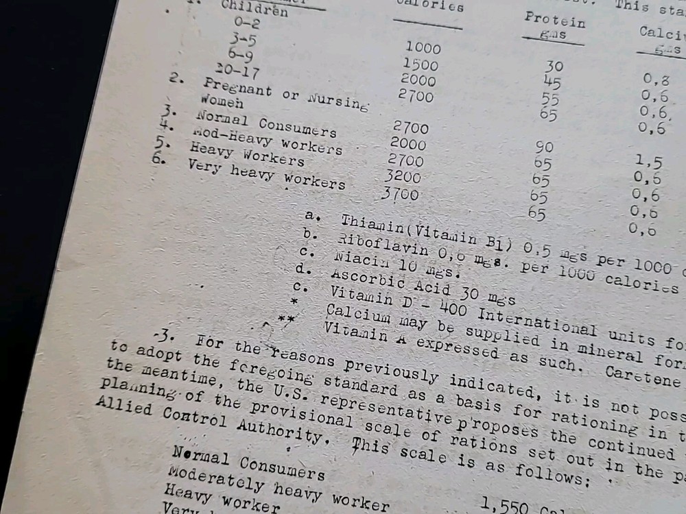 1945 Germany WWII US Army War Military Document Minimum Nutrition Requirements